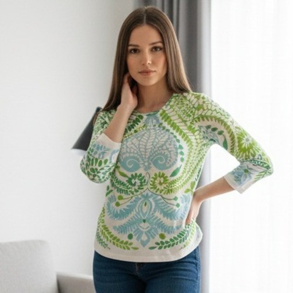 J McLaughlin Women's XS 3/4 Sleeve Top Green Blue Floral Print